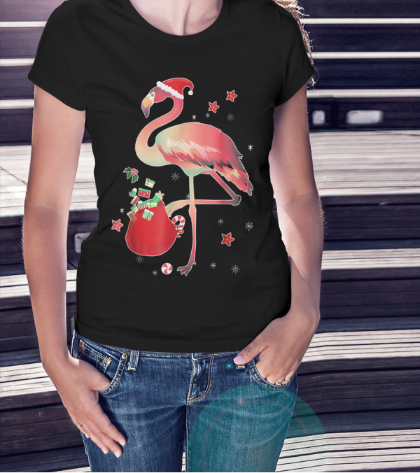 Ugly Christmas Funny Pink Flamingo With Santa Hat And Holiday Gift Bag T-Shirt