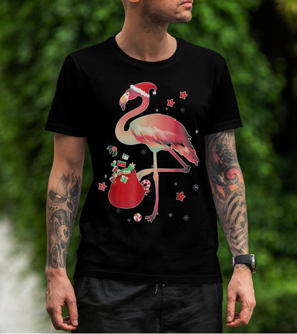 Ugly Christmas Funny Pink Flamingo With Santa Hat And Holiday Gift Bag T-Shirt