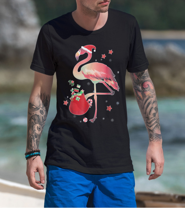 Ugly Christmas Funny Pink Flamingo With Santa Hat And Holiday Gift Bag T-Shirt