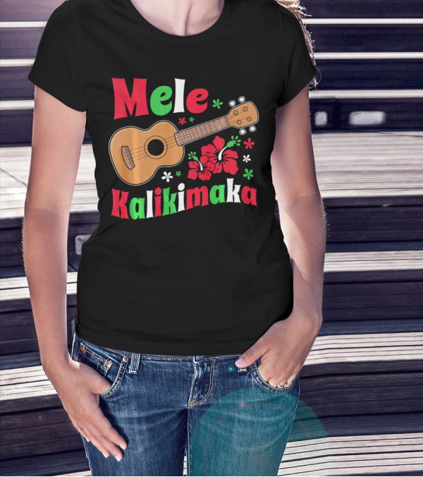 Mele Kalikimaka Ukulele Hibiscus Hawai Christmas T-Shirt