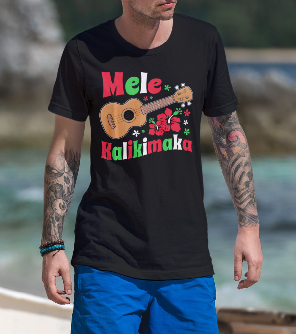 Mele Kalikimaka Ukulele Hibiscus Hawai Christmas T-Shirt