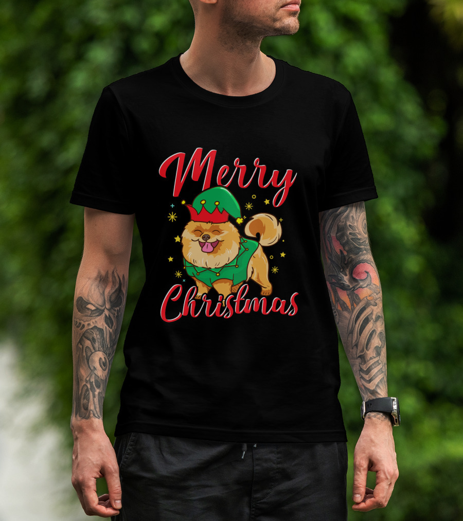Merry Christmas Funny Cute Pomeranian Elf T-Shirt