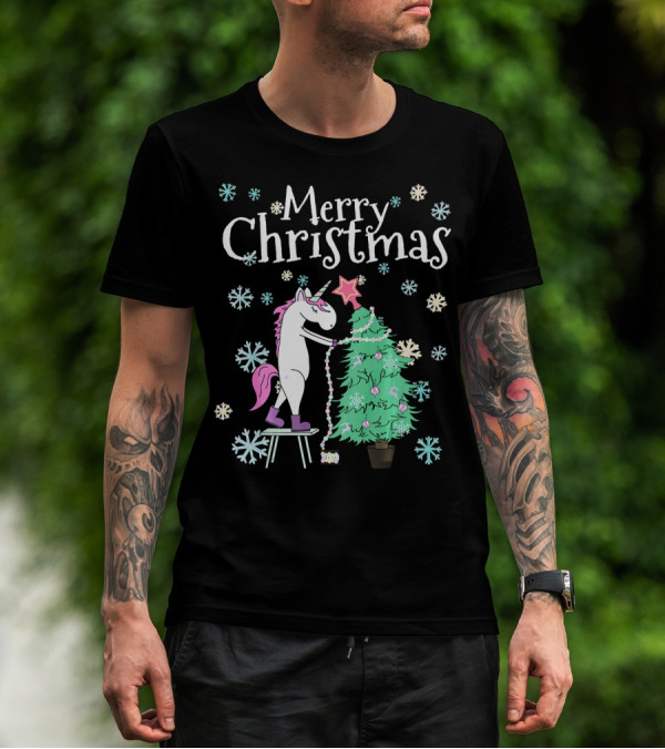 Merry Christmas Funny Unicorn Decorating Christmas Tree T-Shirt