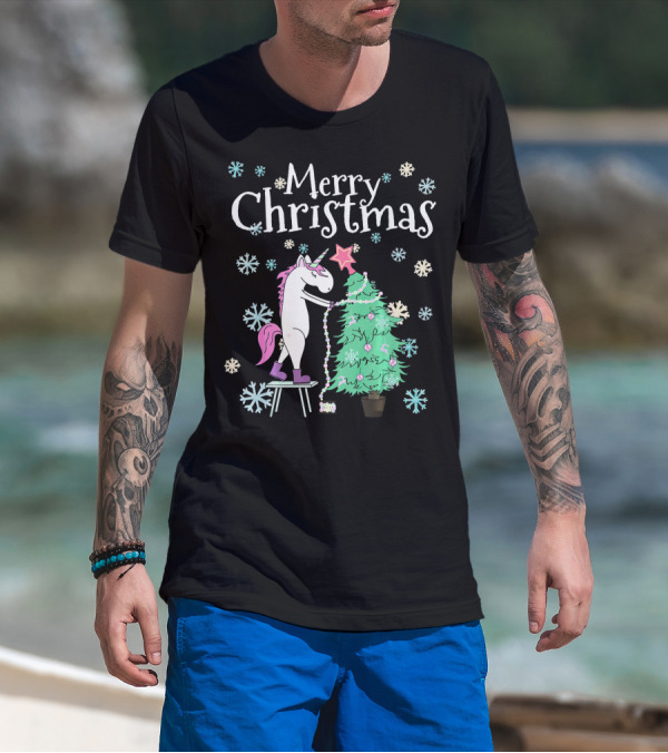 Merry Christmas Funny Unicorn Decorating Christmas Tree T-Shirt