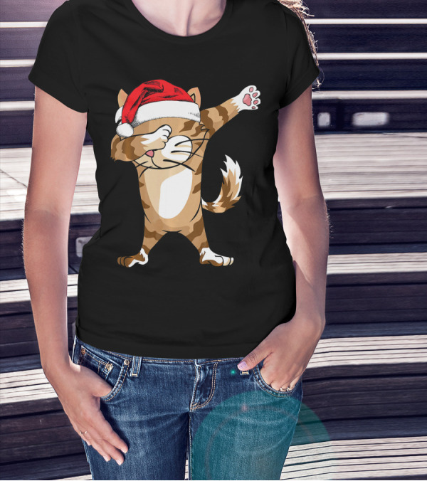 Santa Hat Dabbing Cat Christmas Holiday Fun T-Shirt