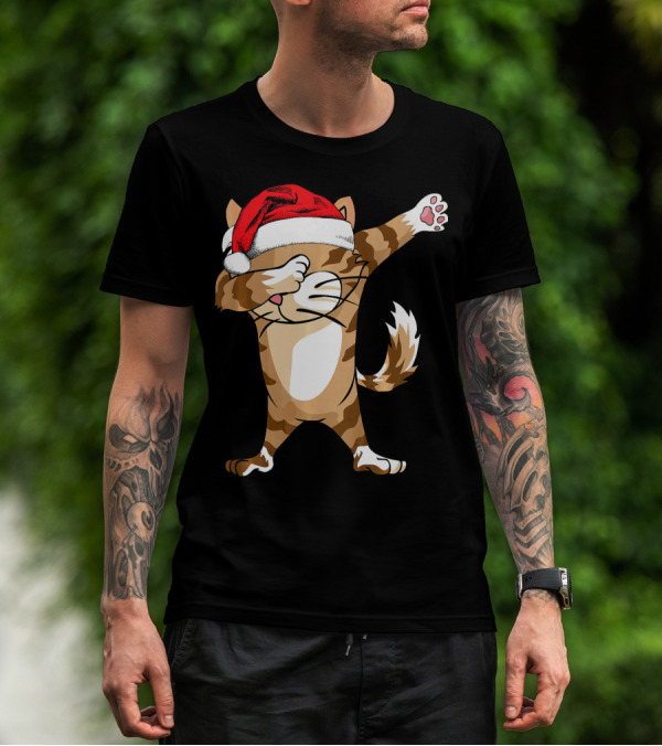 Santa Hat Dabbing Cat Christmas Holiday Fun T-Shirt