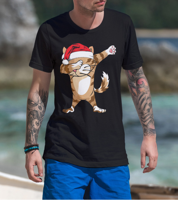 Santa Hat Dabbing Cat Christmas Holiday Fun T-Shirt
