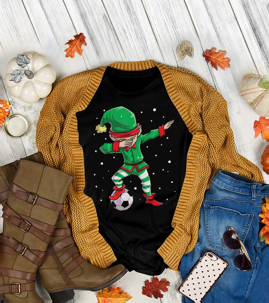 Christmas Soccer Dabbing Elf Kicking Ball in Snowy Scene T-Shirt