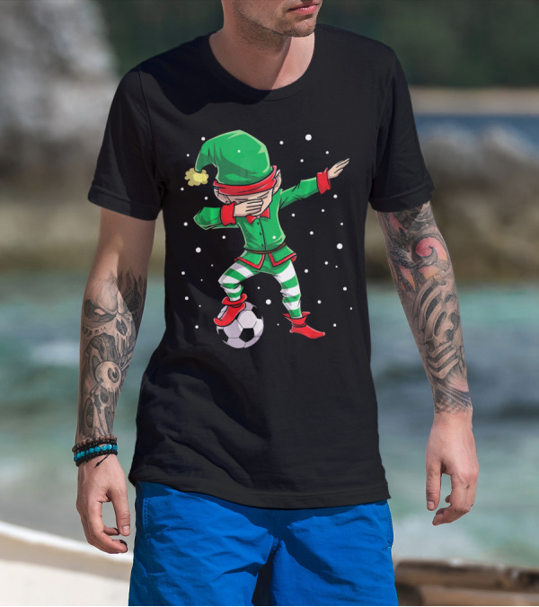 Christmas Soccer Dabbing Elf Kicking Ball In Snowy Scene T-Shirt