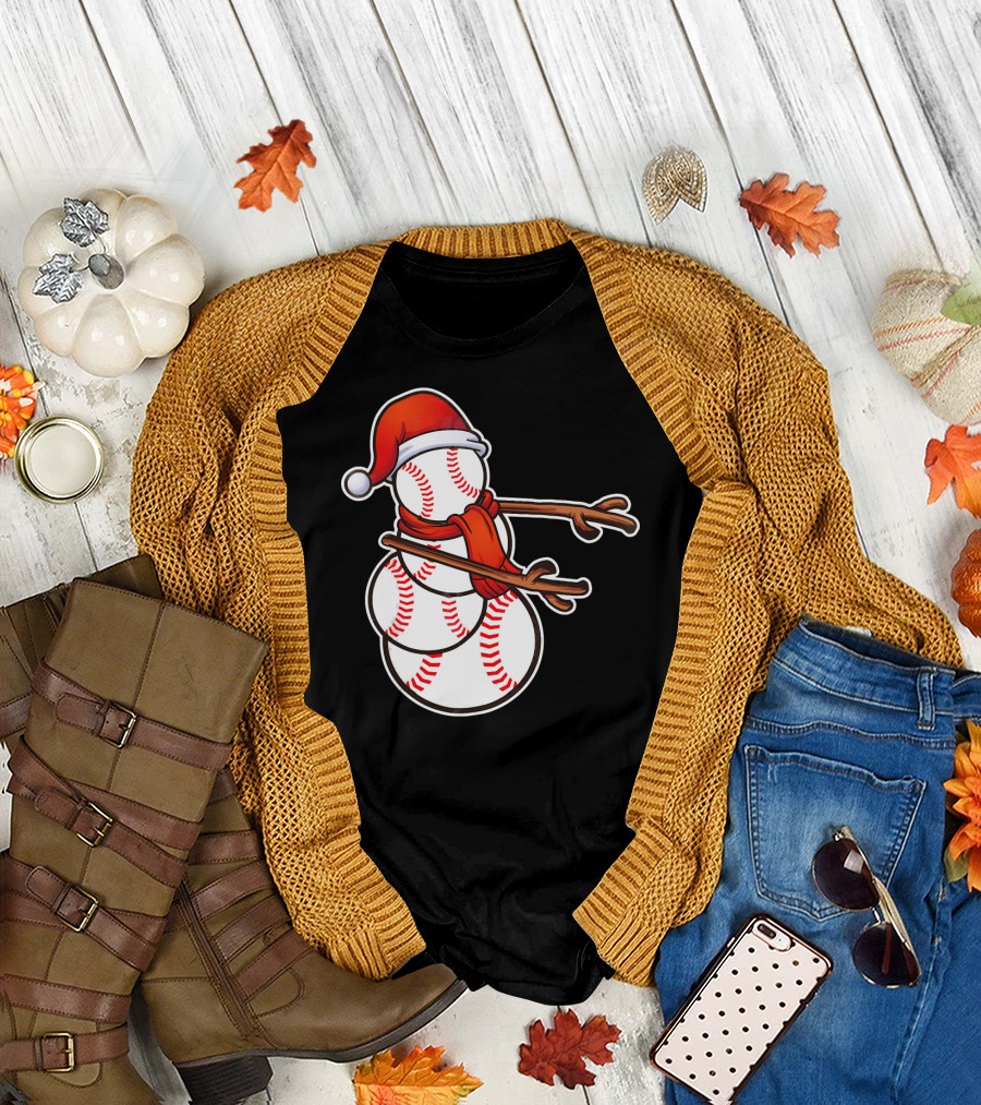 Santa Hat Snowman Made of Baseballs Flossing T-Shirt