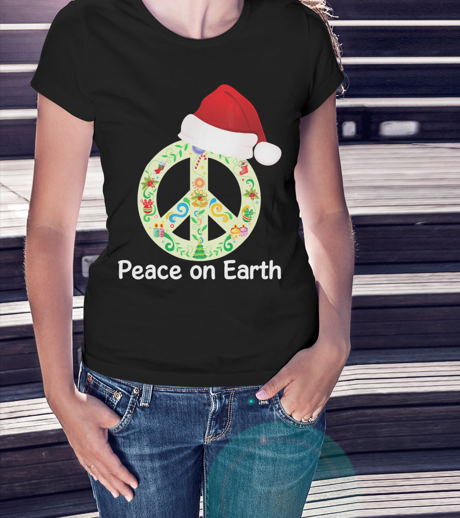Peace On Earth Santa Hat Christmas Peace Sign T-Shirt
