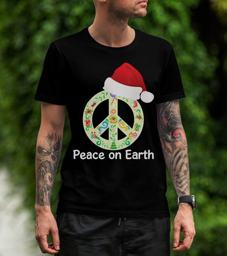 Peace On Earth Santa Hat Christmas Peace Sign T-Shirt