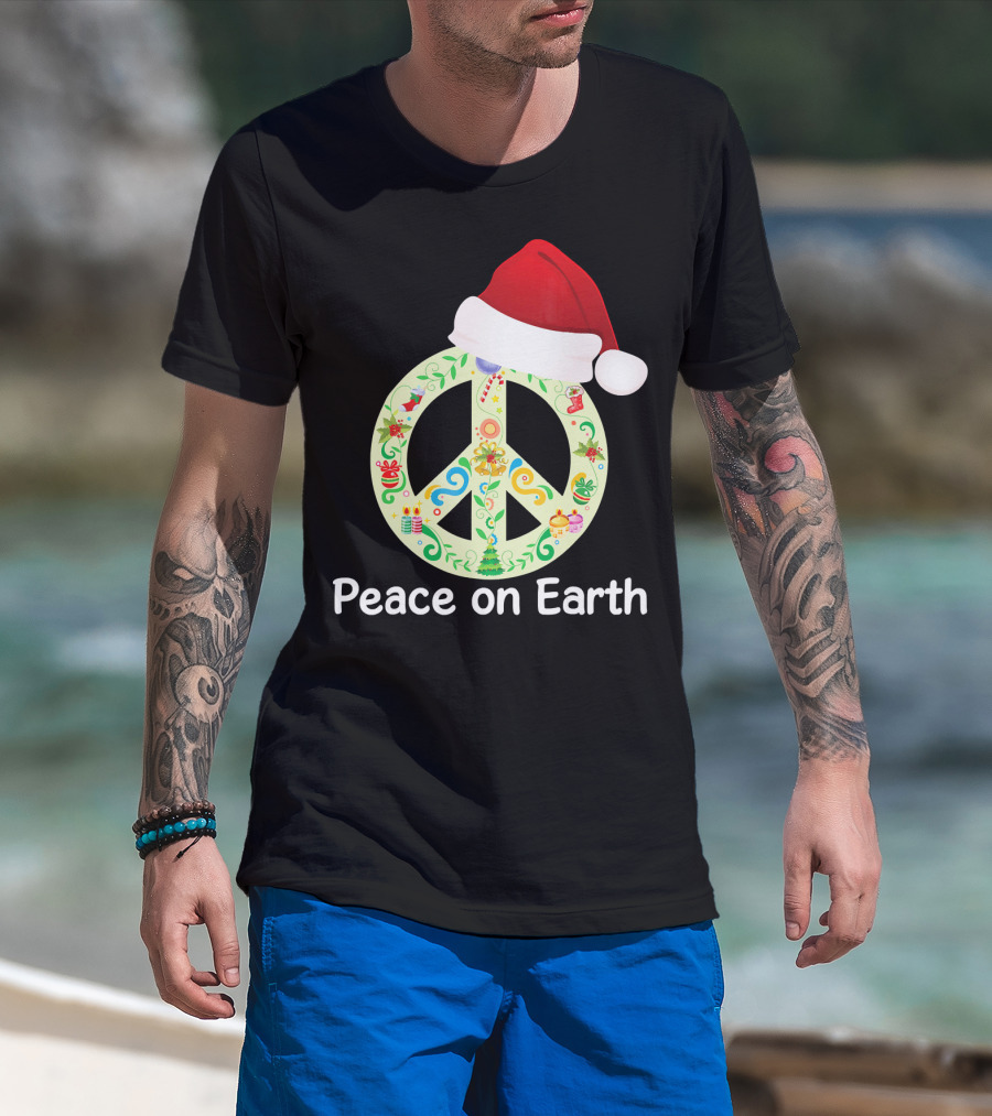 Peace On Earth Santa Hat Christmas Peace Sign T-Shirt