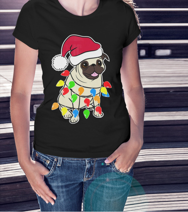 Christmas Pug Santa Pug With Festive Lights And Santa Hat T-Shirt