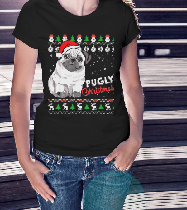 Pugly Christmas Santa Hat Snowflakes Ugly T-Shirt