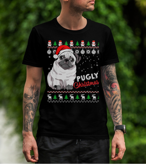 Pugly Christmas Santa Hat Snowflakes Ugly T-Shirt