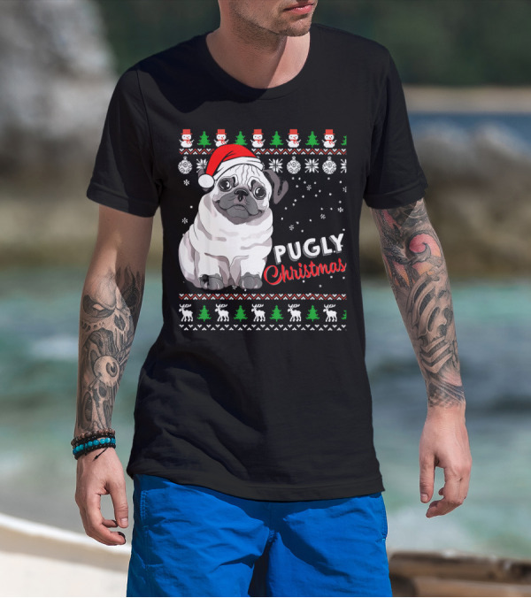 Pugly Christmas Santa Hat Snowflakes Ugly T-Shirt