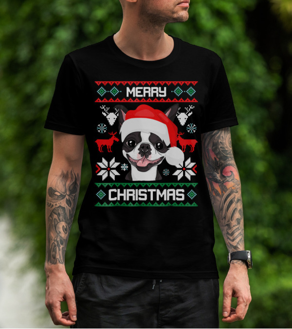 Merry Christmas Boston Terrier Santa Hat Ugly Sweater Holiday T-Shirt