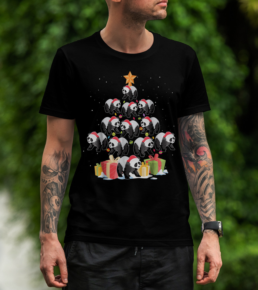 Funny Panda Christmas Tree Presents Star T-Shirt