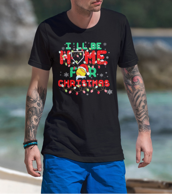 I'll Be Home For Christmas Xmas Funny Baseball Santa Hat Snowflakes Lights T-Shirt