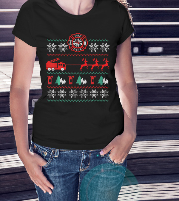 Fire Department Holiday Sweater Firetruck And Reindeer T-Shirt