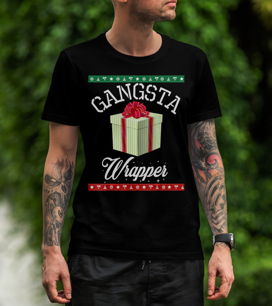 Gangsta Wrapper Funny Christmas Present With Gift Box And Festive Borders T-Shirt