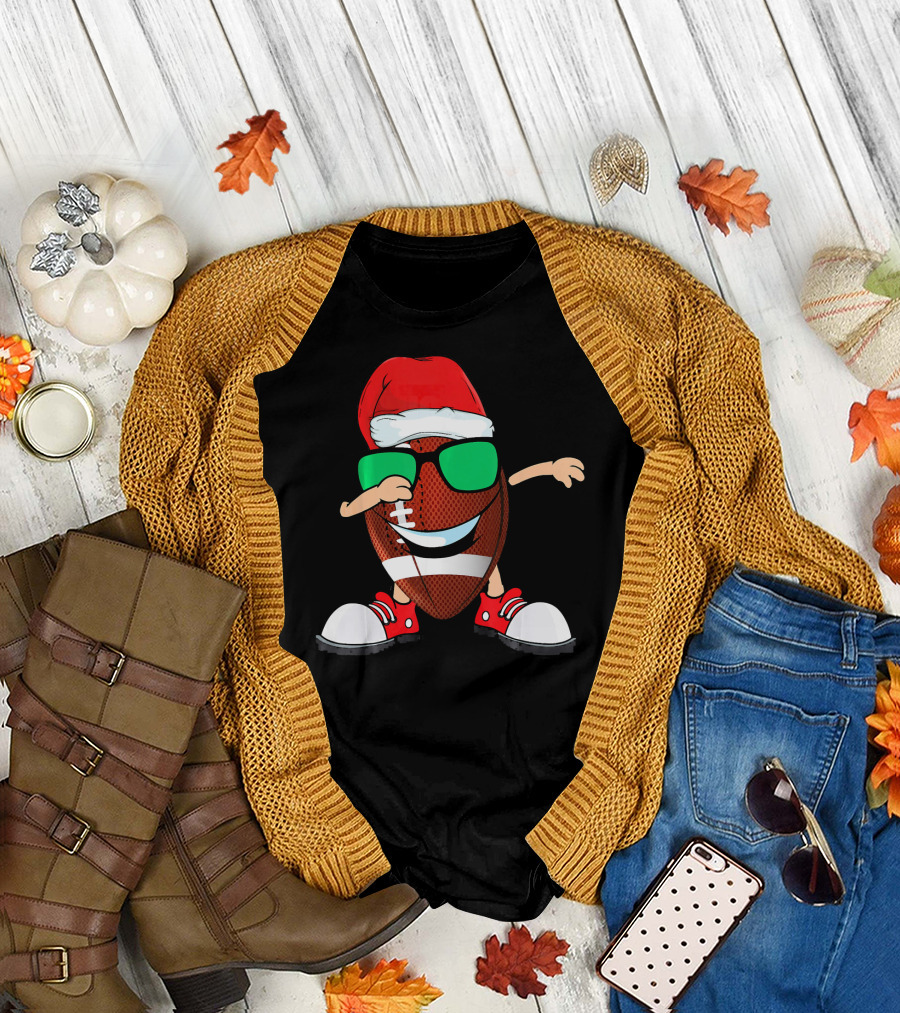 Dabbing Football Wearing Santa Hat with Green Sunglasses and Red Sneakers T-Shirt
