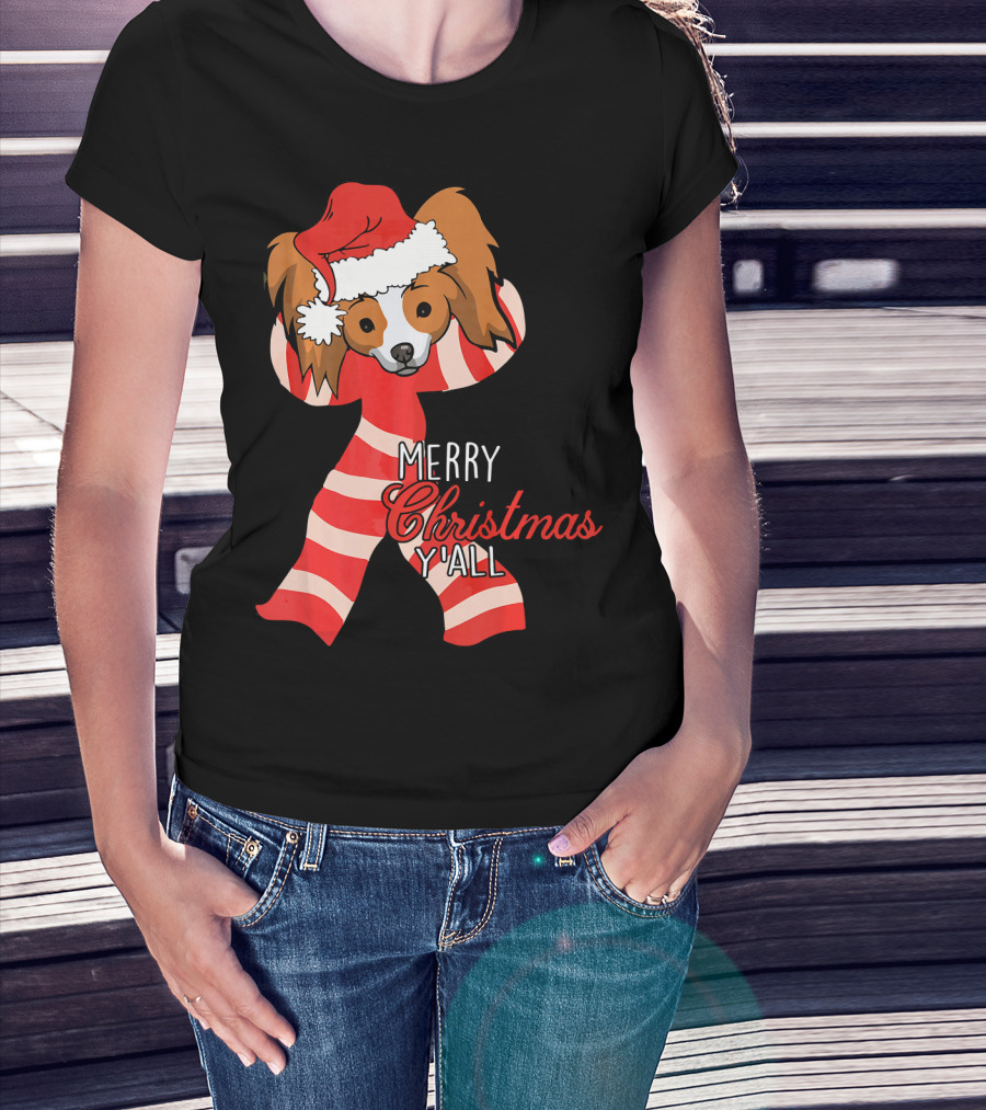 Papillon Dog Merry Christmas Y'all Santa Hat Striped T-Shirt