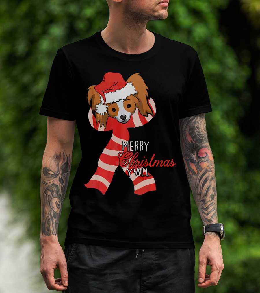 Papillon Dog Merry Christmas Y'all Santa Hat Striped T-Shirt