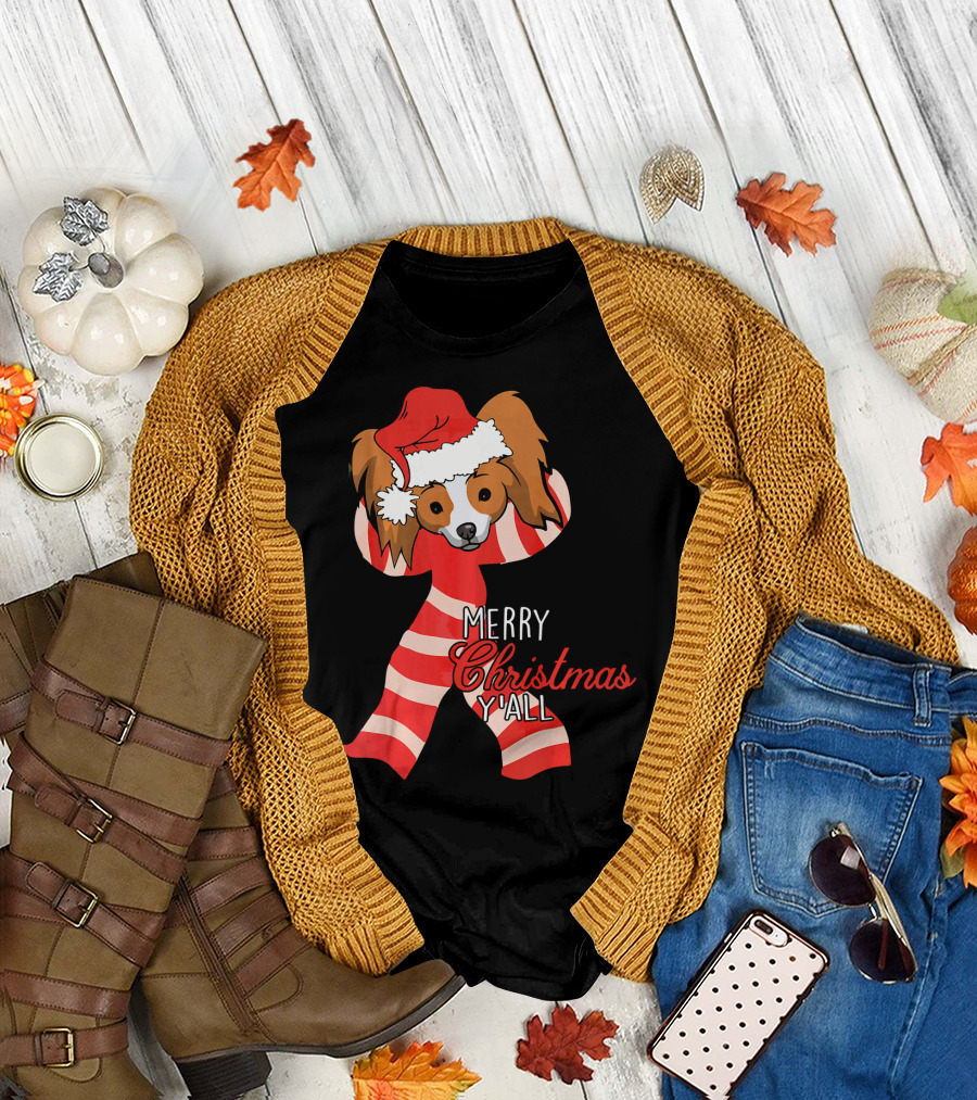 Papillon Dog Merry Christmas Y'all Santa Hat Striped T-Shirt