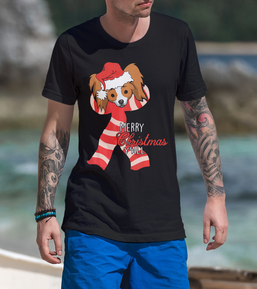 Papillon Dog Merry Christmas Y'all Santa Hat Striped T-Shirt