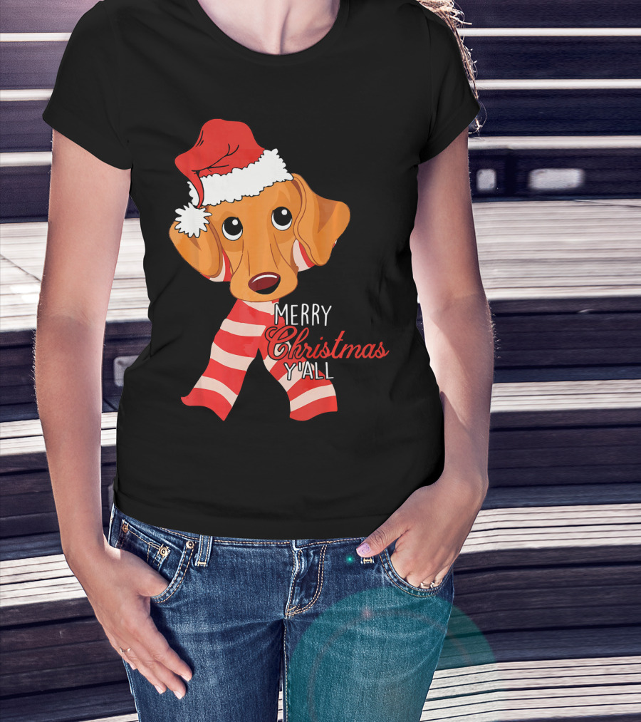 Merry Christmas Y'all Dachshund Dog Wearing Santa Hat And Striped Scarf T-Shirt
