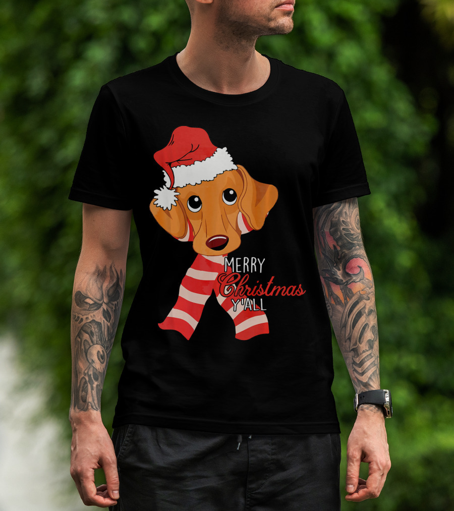 Merry Christmas Y'all Dachshund Dog Wearing Santa Hat And Striped Scarf T-Shirt