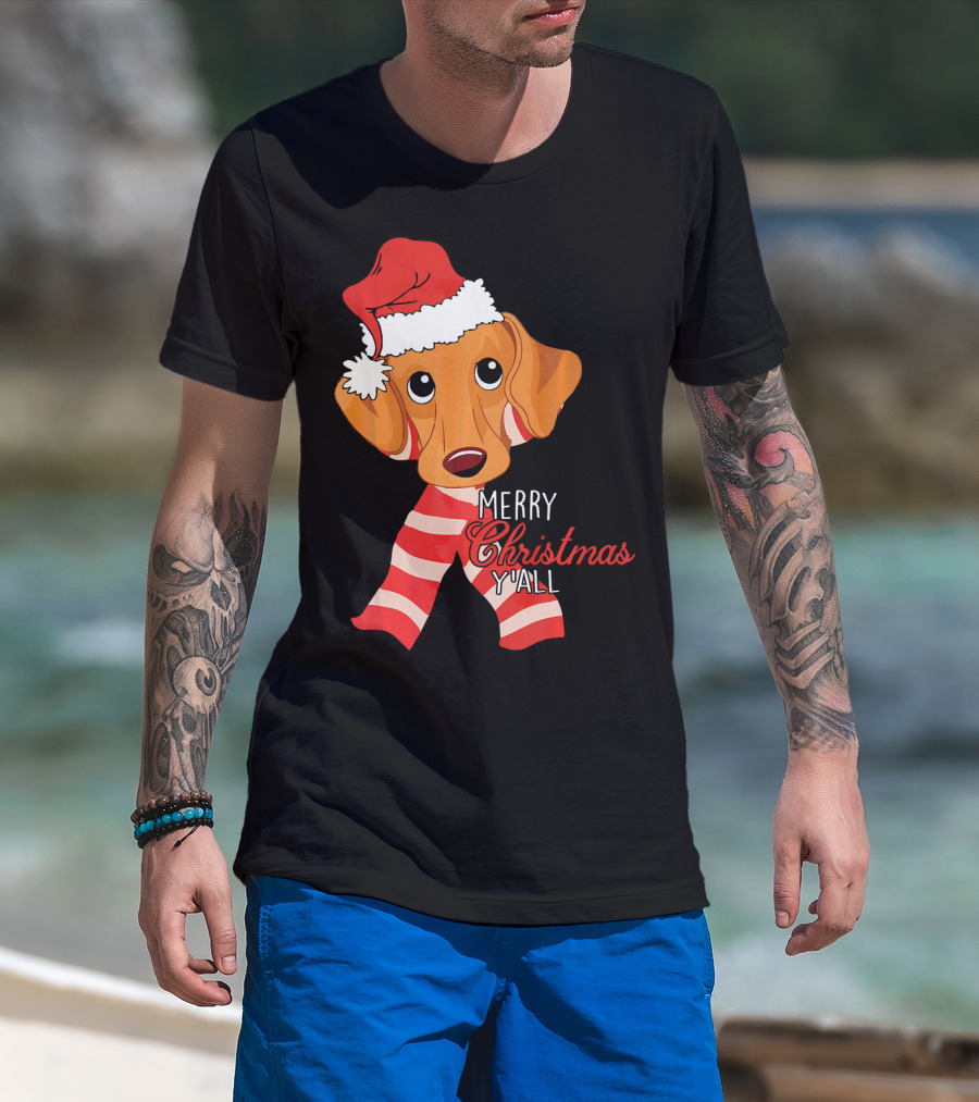 Merry Christmas Y'all Dachshund Dog Wearing Santa Hat And Striped Scarf T-Shirt