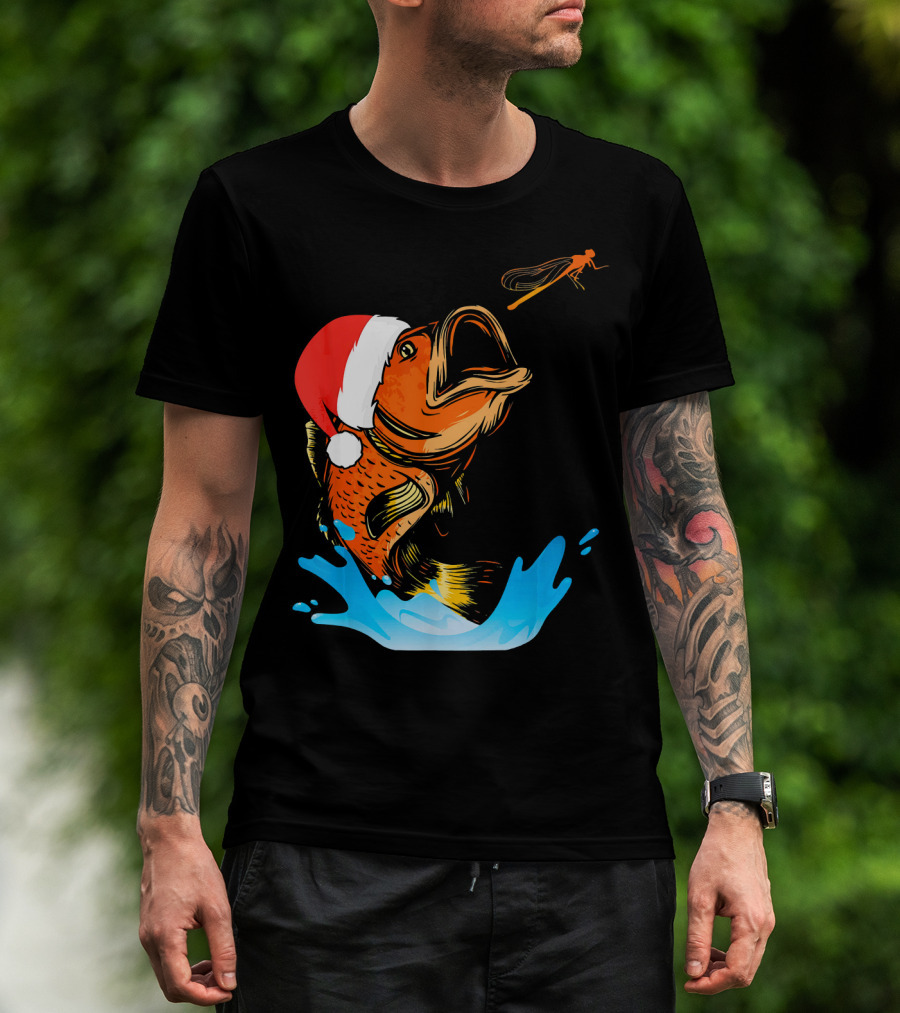 Bass Fishing Santa Hat Splashing Christmas Fish T-Shirt