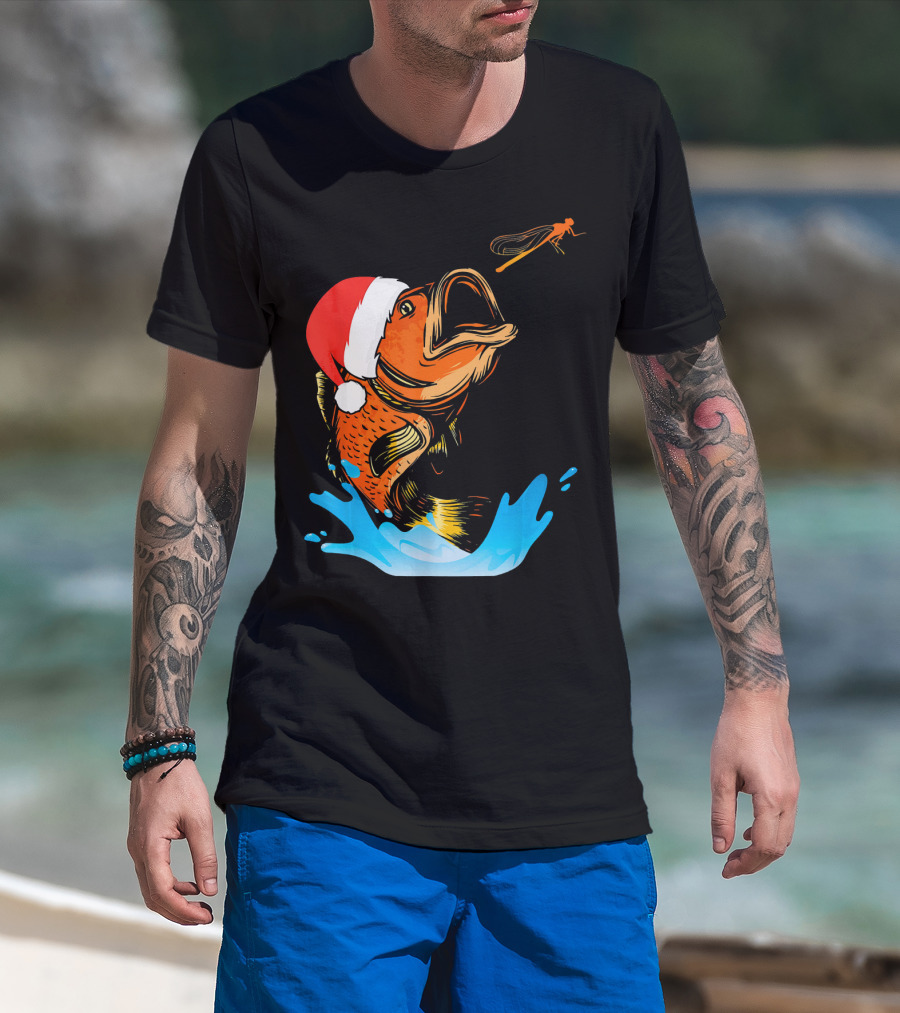 Bass Fishing Santa Hat Splashing Christmas Fish T-Shirt