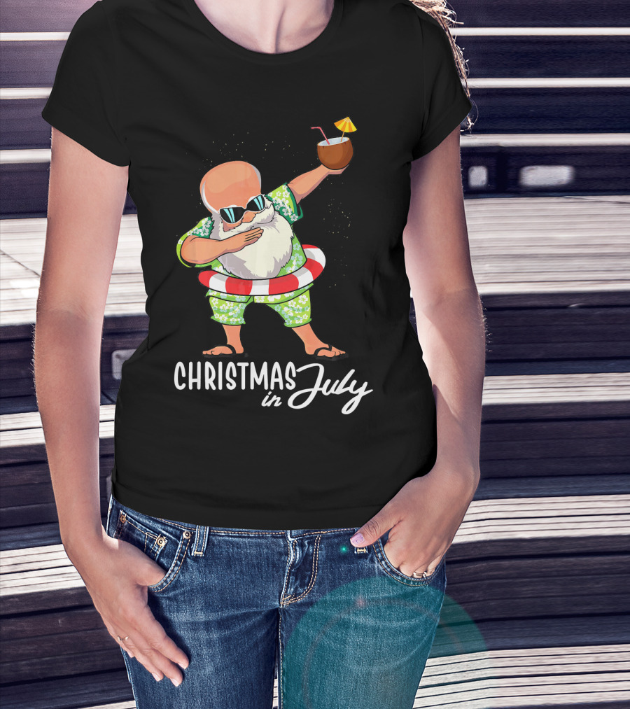 Dabbing Santa Christmas In July Coconut Drink Sunglasses Summer Fun T-Shirt