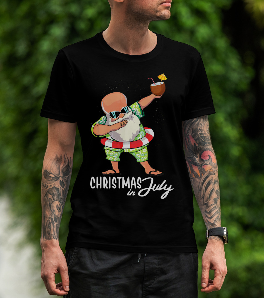 Dabbing Santa Christmas In July Coconut Drink Sunglasses Summer Fun T-Shirt
