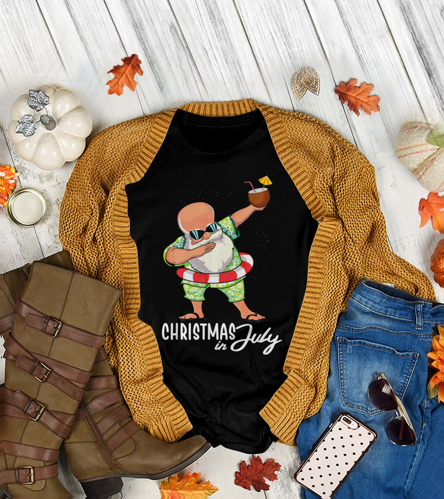 Dabbing Santa Christmas In July Coconut Drink Sunglasses Summer Fun T-Shirt