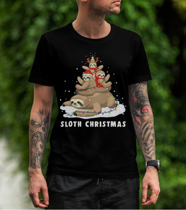 Sloth Christmas Tree With Reindeer And Santa Hats T-Shirt