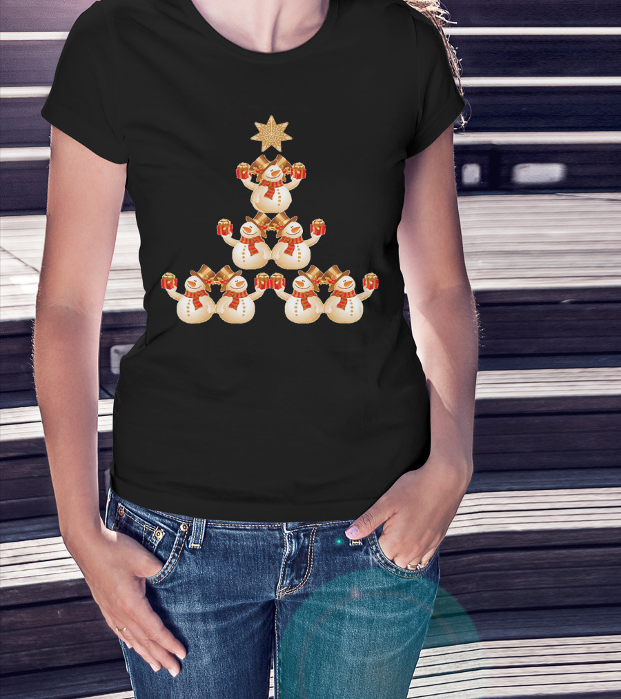 Snowman Pyramid Christmas Tree With Star And Red Gift Boxes T-Shirt
