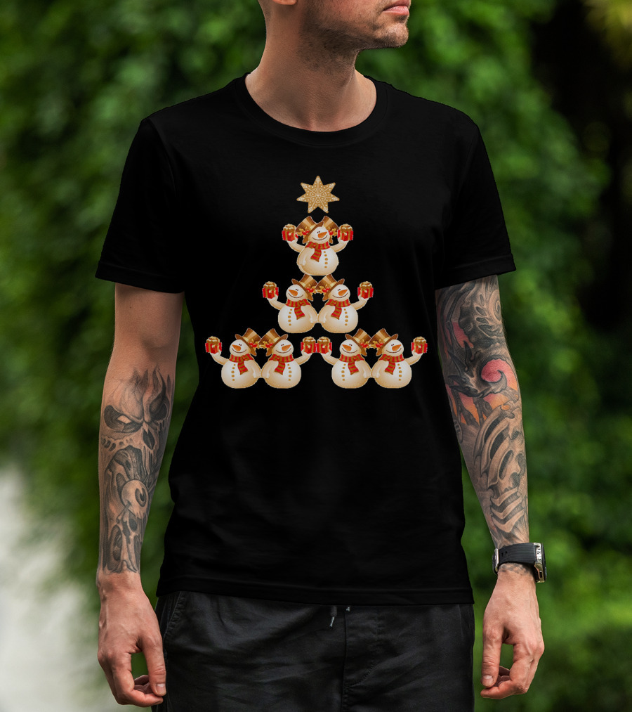 Snowman Pyramid Christmas Tree With Star And Red Gift Boxes T-Shirt
