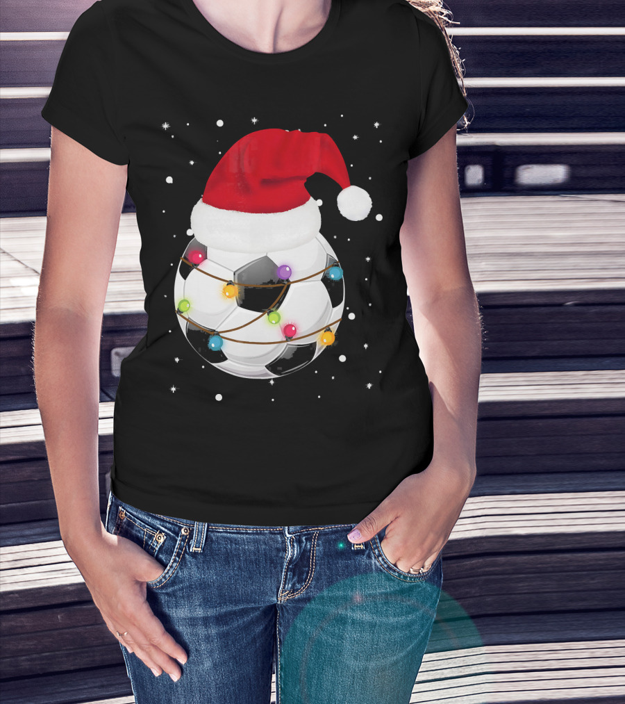 Santa Hat Soccer Ball Wrapped In Christmas Lights With Falling Snow T-Shirt