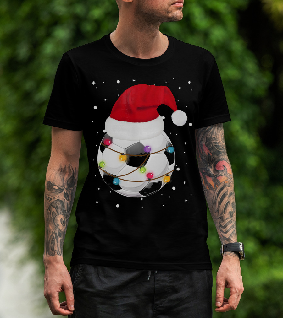 Santa Hat Soccer Ball Wrapped In Christmas Lights With Falling Snow T-Shirt