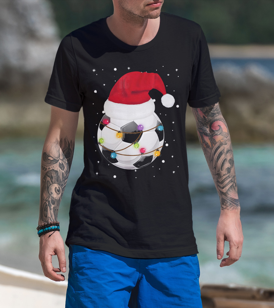 Santa Hat Soccer Ball Wrapped In Christmas Lights With Falling Snow T-Shirt