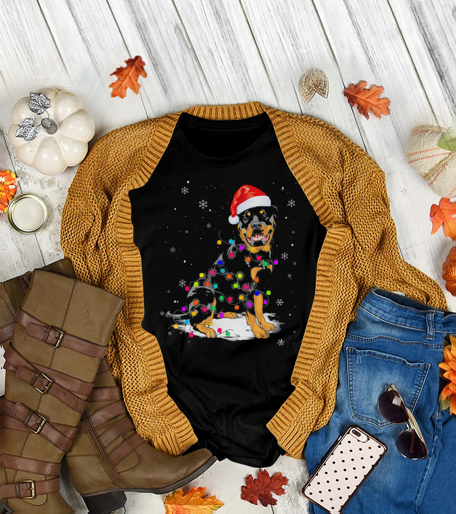 Rottweiler with Santa Hat and Colorful Christmas Lights in Snowy Scene T-Shirt