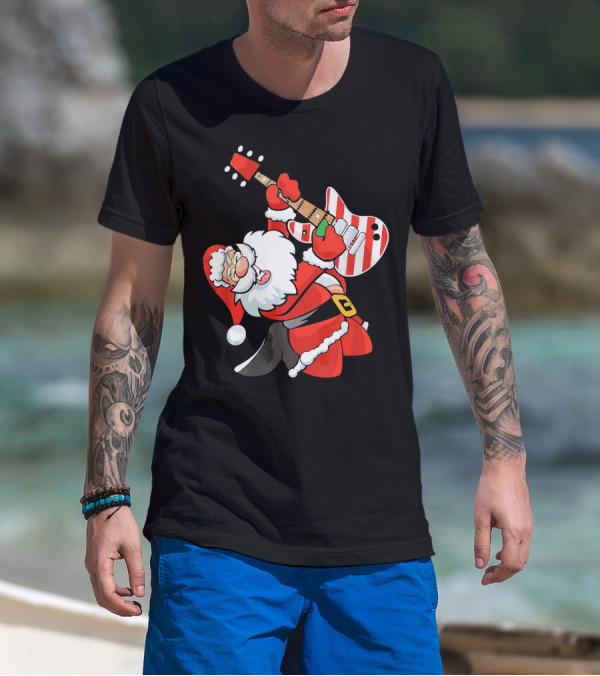 Santa Guitar Player Christmas Music Vintage Rock Holiday T-Shirt