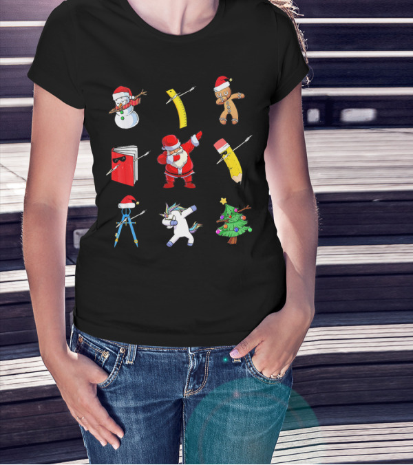 Funny Teacher Christmas Santa Dabbing Snowman Ruler Gingerbread Pencil Book Unicorn Tree T-Shirt