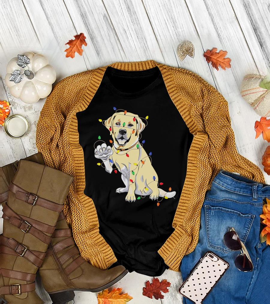 Labrador Retriever Wrapped in Christmas Lights with My Festive Lab T-Shirt