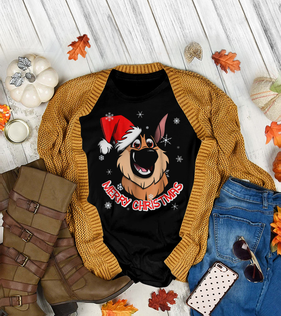 Merry Christmas GSD Smiling Santa Hat Snowflakes T-Shirt